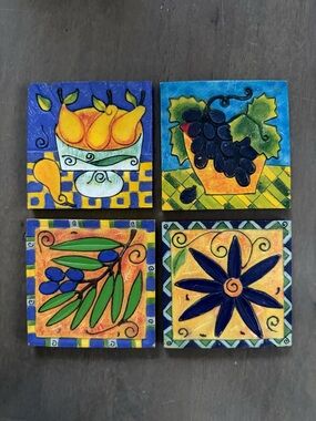 Vintage 3 7/8" Square Blue Tile Coasters Fruit and Flowers Set of 4